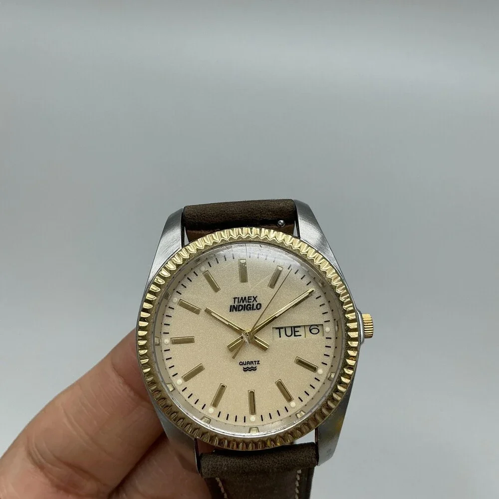 Vtg Timex Indiglo Mens Watch 34mm Two Tone Brown Leather Day Date New Battery